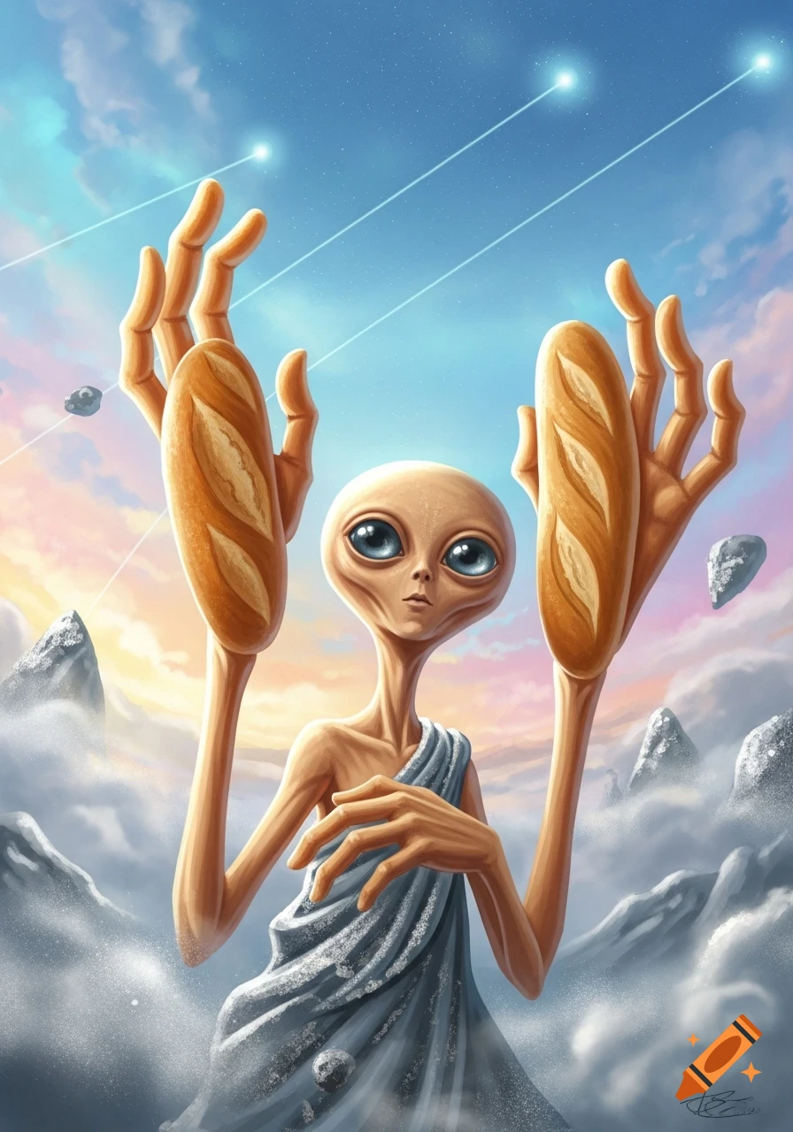 A cartoon-like alien with big eyes and long arms holds baguettes against a colorful sky with clouds and mountains, in a surreal illustration.