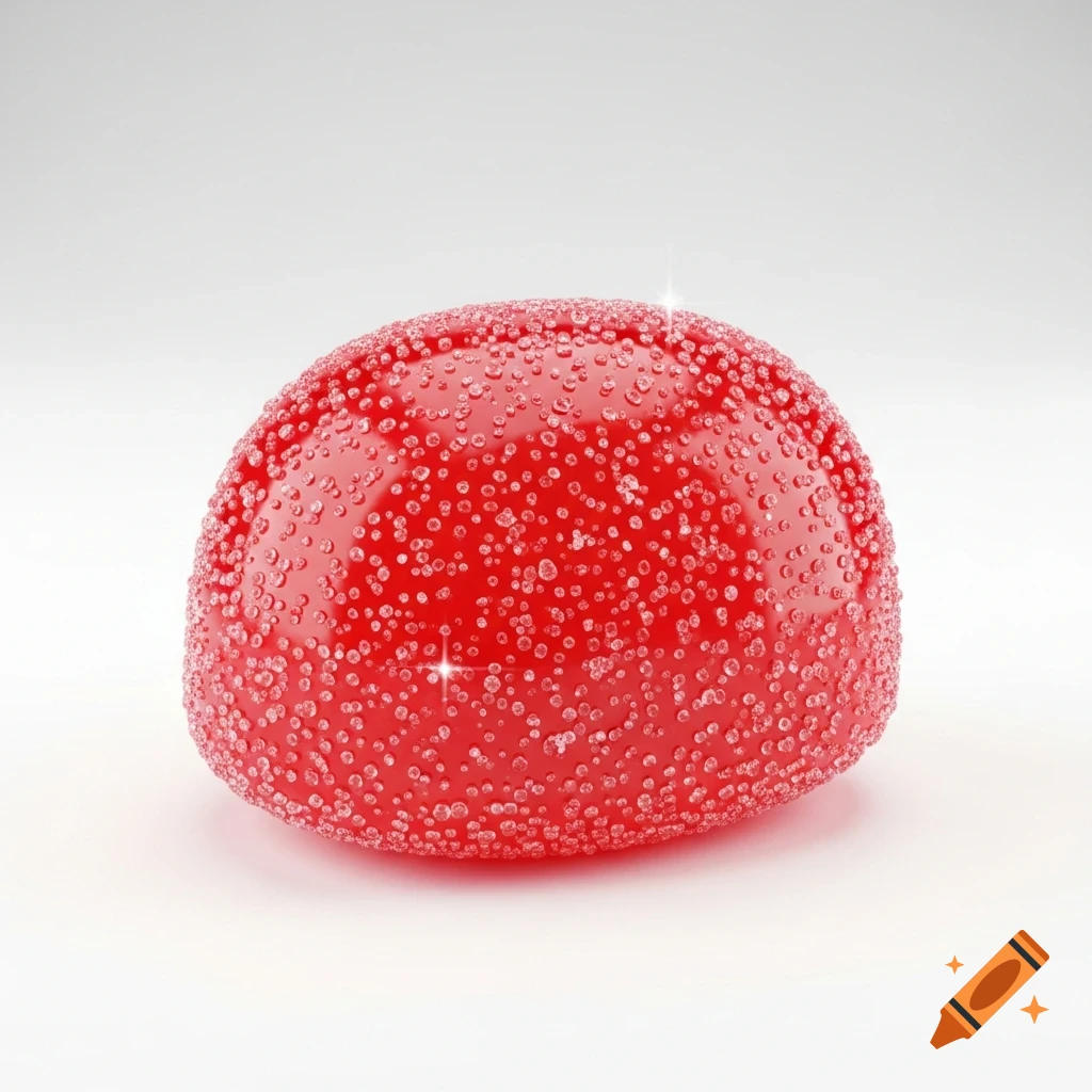 A vibrant red, sugar-coated gummy candy, resembling a Fraise Tagada, in a detailed 3D render on a white background.