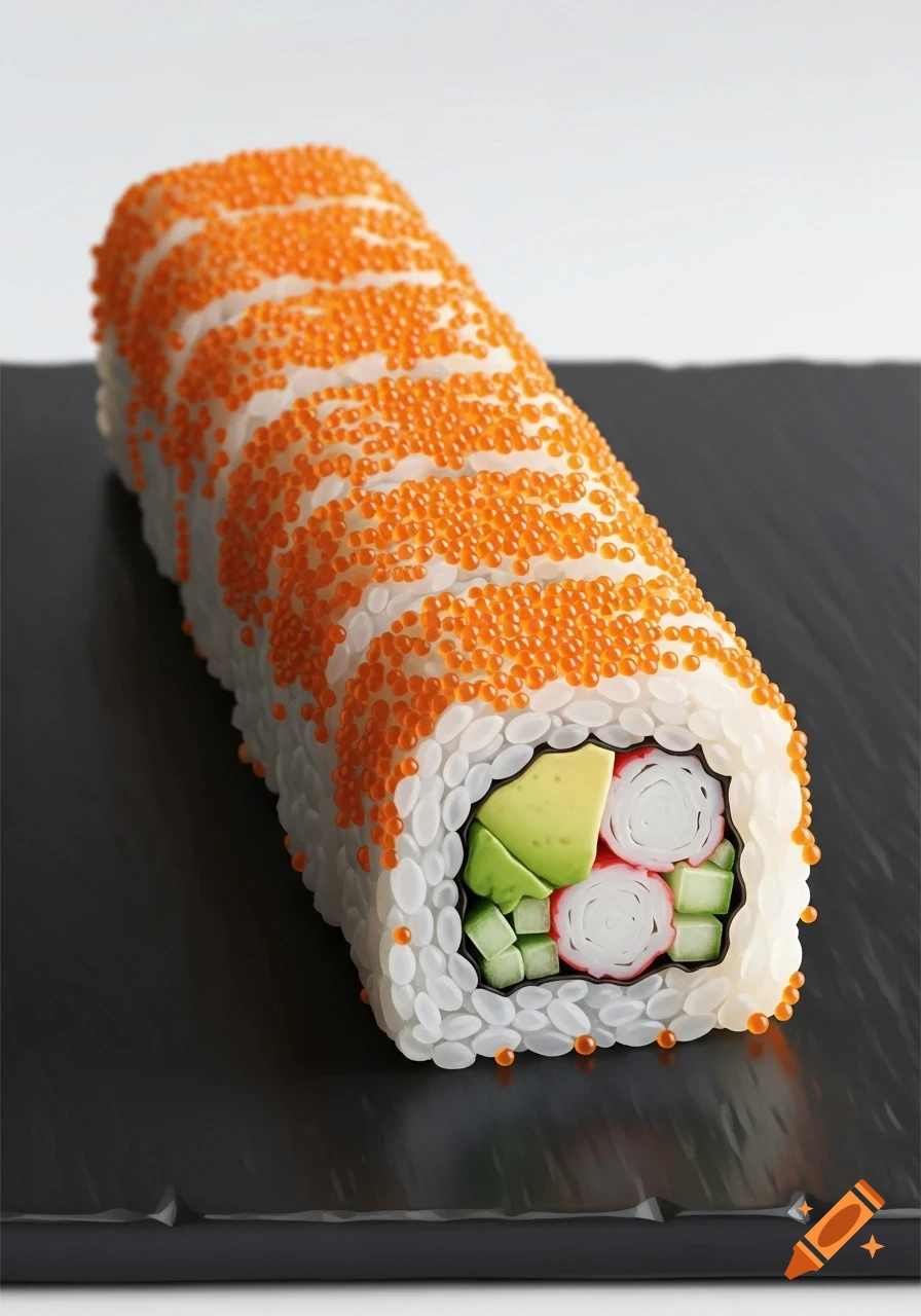 A single California sushi roll covered in orange roe sits on a black serving board against a white background.