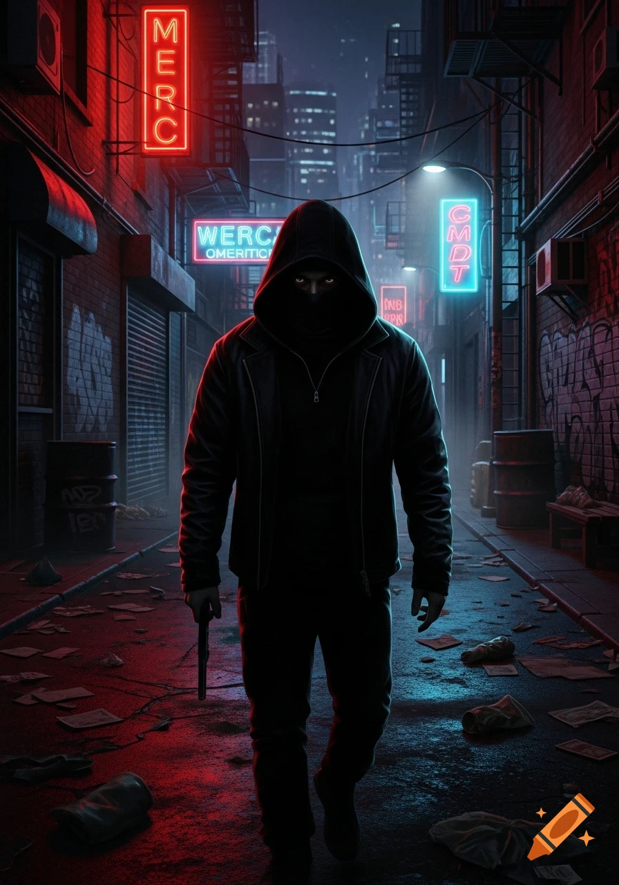 A person in a black hoodie and balaclava walks in a dark, neon-lit cyberpunk alley, holding a weapon.