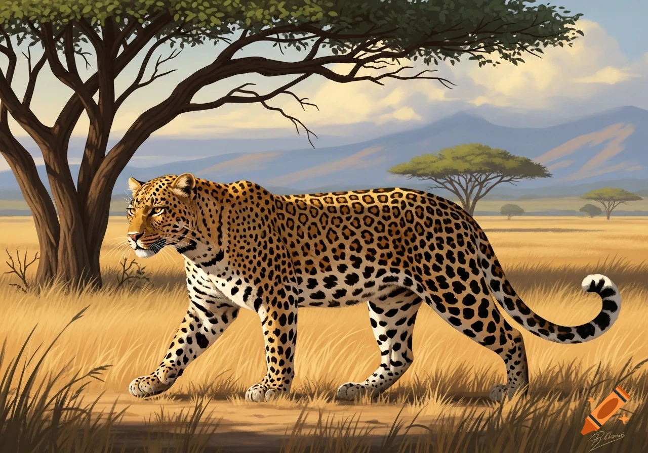 Detailed illustration of a spotted leopard walking through a golden savanna under a tree, with mountains in the distance.