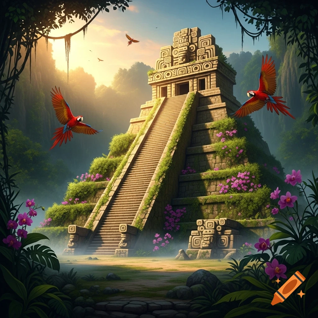 Vibrant ancient Mayan pyramid in a lush jungle at sunrise, with colorful parrots flying around and pink flowers blooming on the structure.