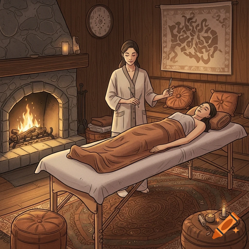 An acupuncturist performs a treatment on a client in a cozy, wood-paneled room with a fireplace, in an illustrative style.