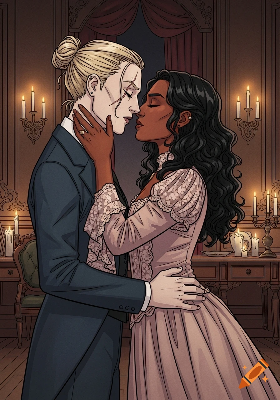 Comic book art of two women in Victorian attire, one blonde and one dark-skinned, embracing and about to kiss in a candlelit room.