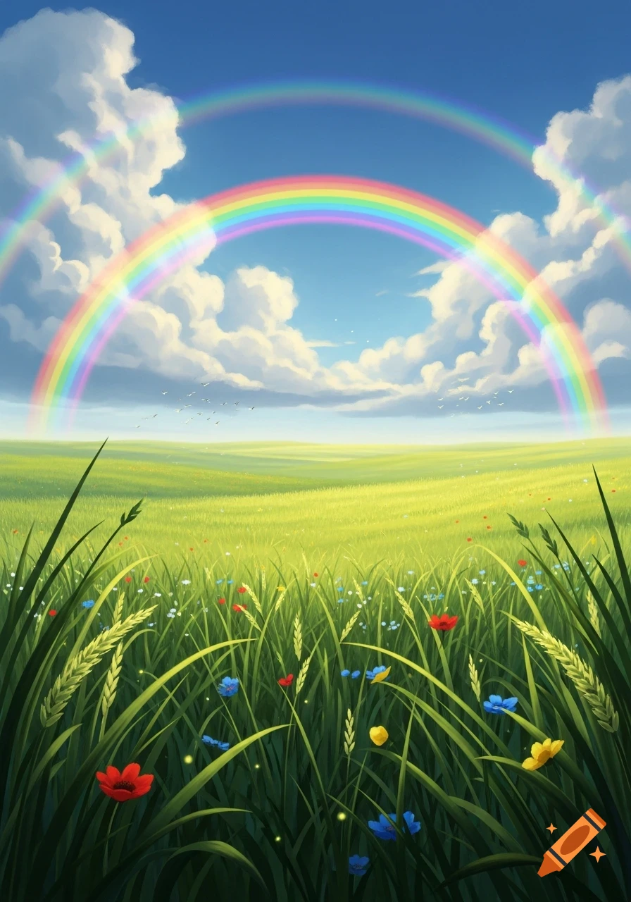 A vibrant green field with scattered wildflowers under a bright blue sky with a double rainbow and white fluffy clouds.