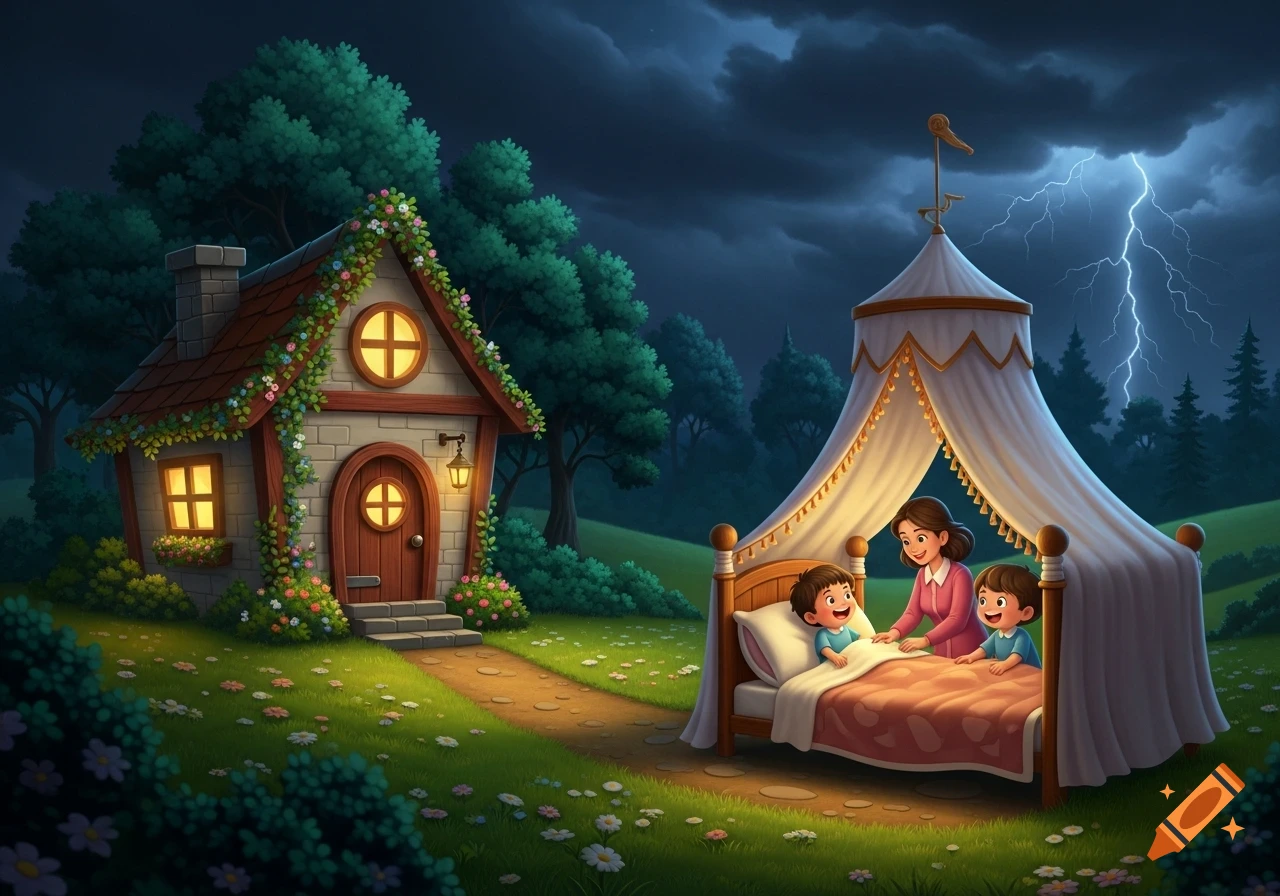 Cartoon illustration of a mother with two children in a canopy bed outdoors during a stormy night with a whimsical cottage nearby.