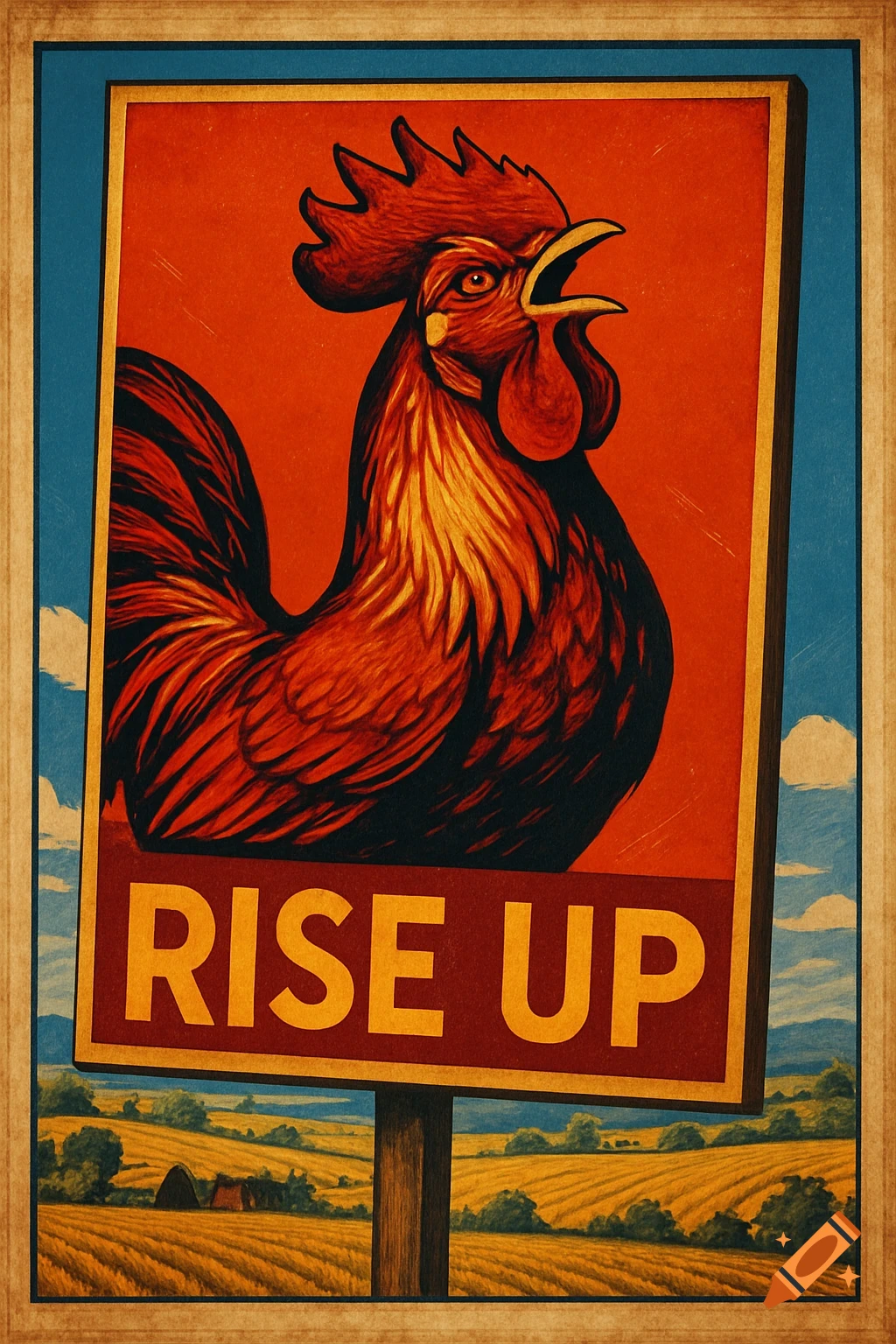 A stylized propaganda poster with a crowing rooster on a red background above the text 'RISE UP', set in a rural landscape.