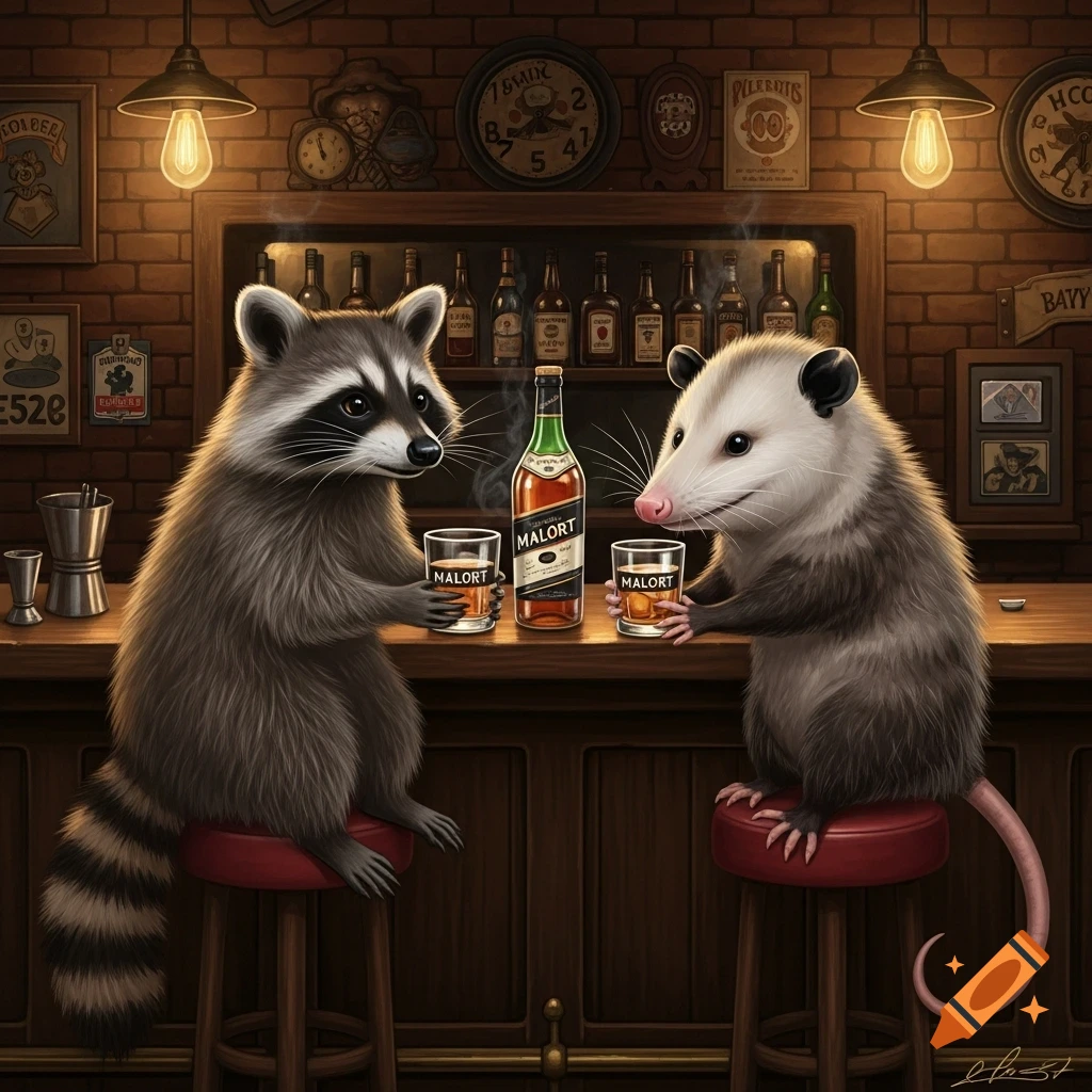 A raccoon and an opossum sit at a bar, each holding a glass of Malort, with a bottle of Malort between them.