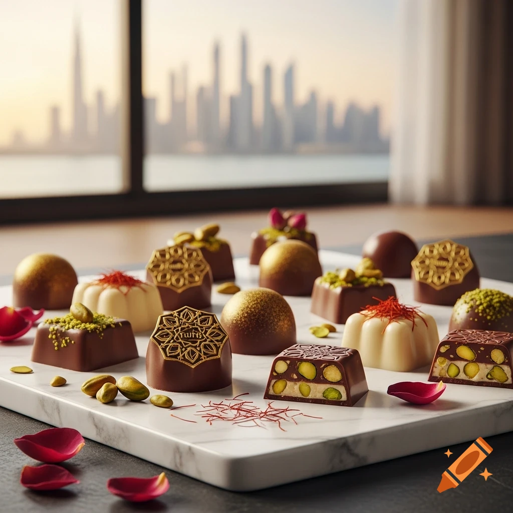 A white marble tray holds an assortment of gourmet chocolates, some topped with pistachios, saffron, or gold dust, with red rose petals scattered around. A blurry city skyline is in the background at sunset.