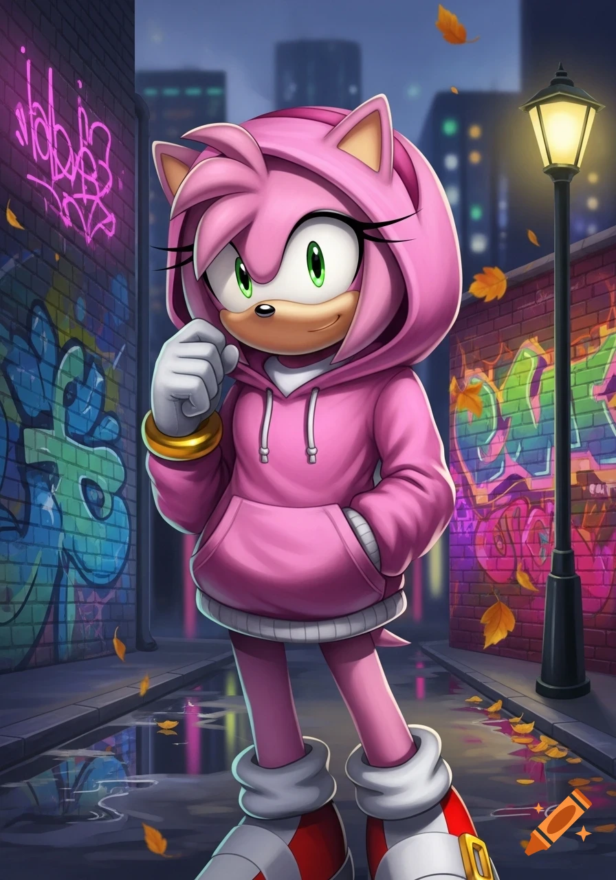 Amy Rose in a pink hoodie stands smiling in a dark, graffiti-covered urban alley with puddles and a street lamp, stylized.