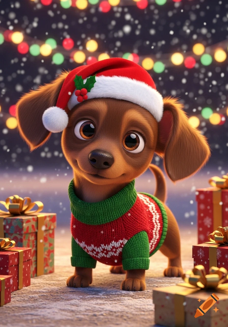 A Pixar-style brown chiweenie puppy wears a red and green Christmas sweater and Santa hat, surrounded by gifts and holiday lights.