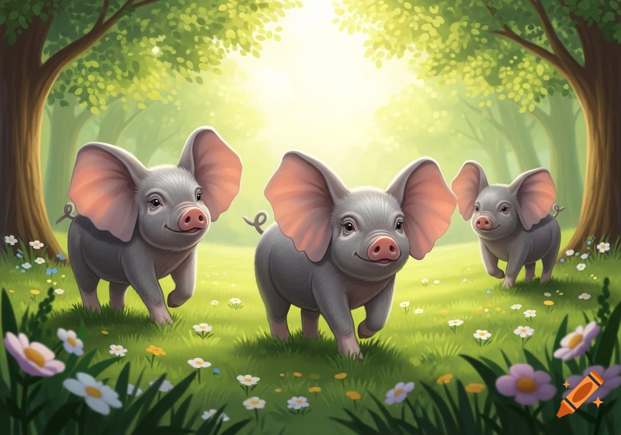 Three cute grey piglets with large pink ears run through a sunlit green forest filled with flowers, in a stylized illustration.