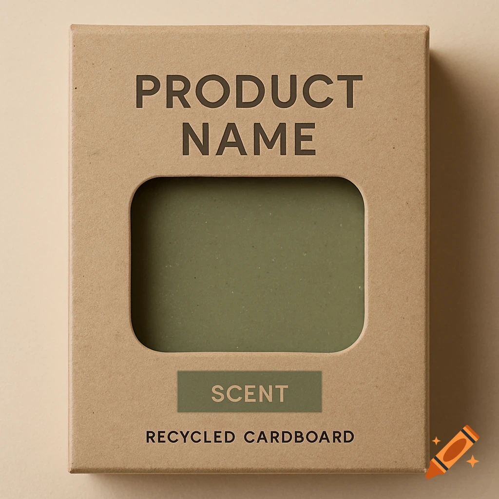 Rectangular brown recycled cardboard box with a window showing a soft green product. Text says 'PRODUCT NAME', 'SCENT', 'RECYCLED CARDBOARD'.