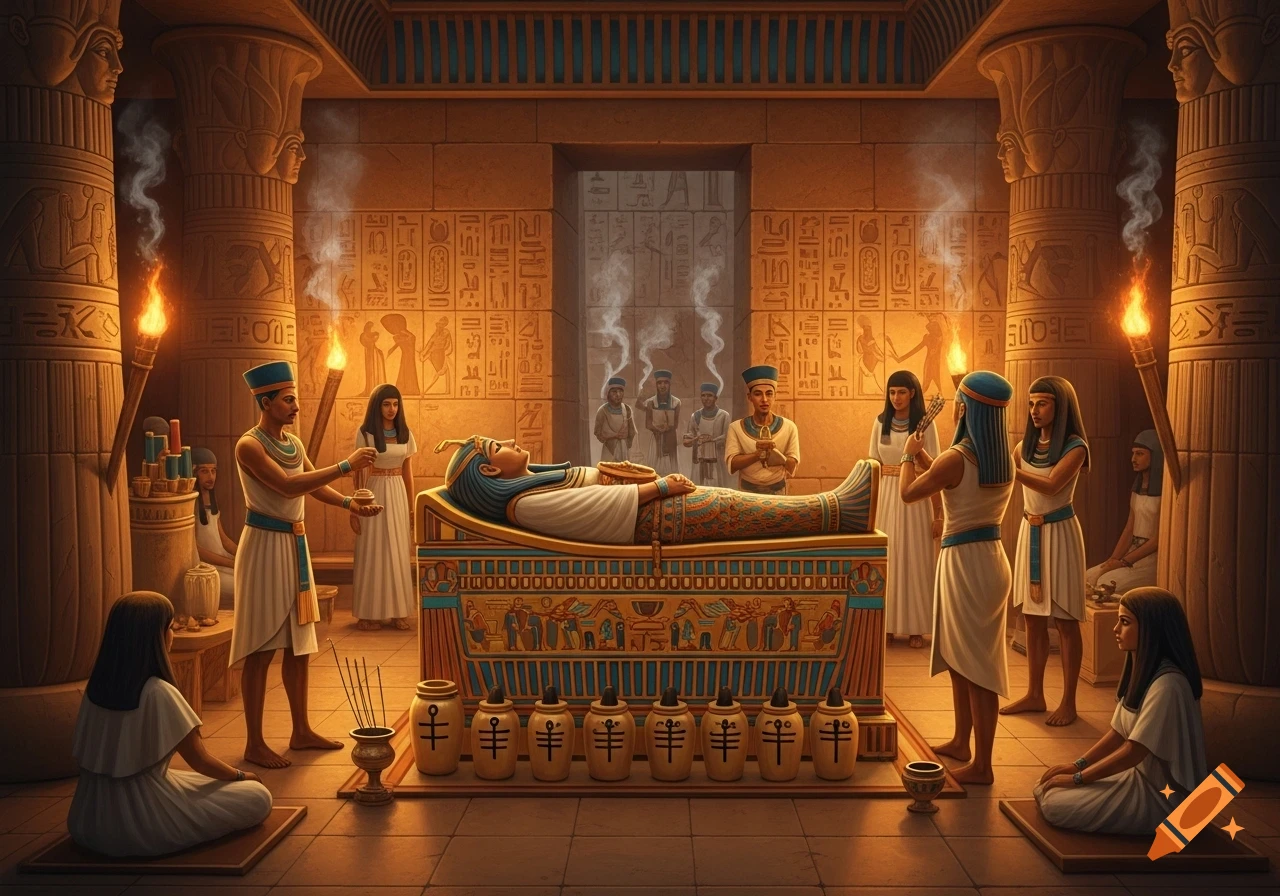 Ancient Egyptian burial ritual scene in a torch-lit tomb, with people gathered around a sarcophagus adorned with hieroglyphics.
