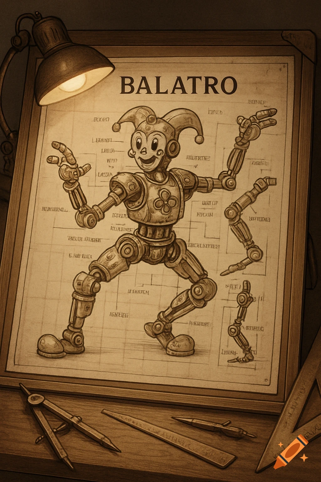 An old-fashioned blueprint shows a jester-like robot with articulated limbs, labeled with the title "BALATRO" and other garbled text. Drafting tools lie below.