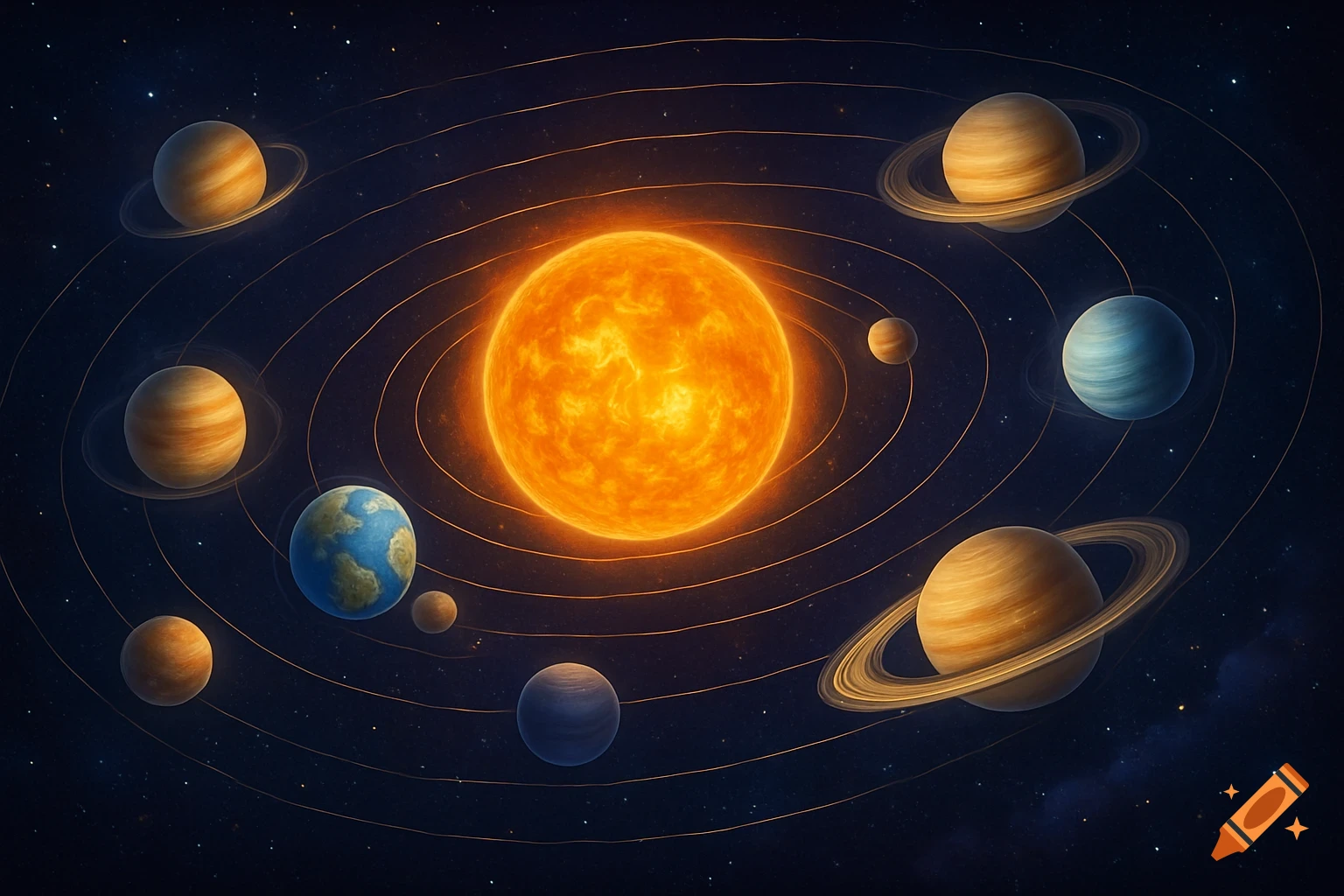 A vibrant illustration of a heliocentric solar system with the sun at the center and multiple planets orbiting it.