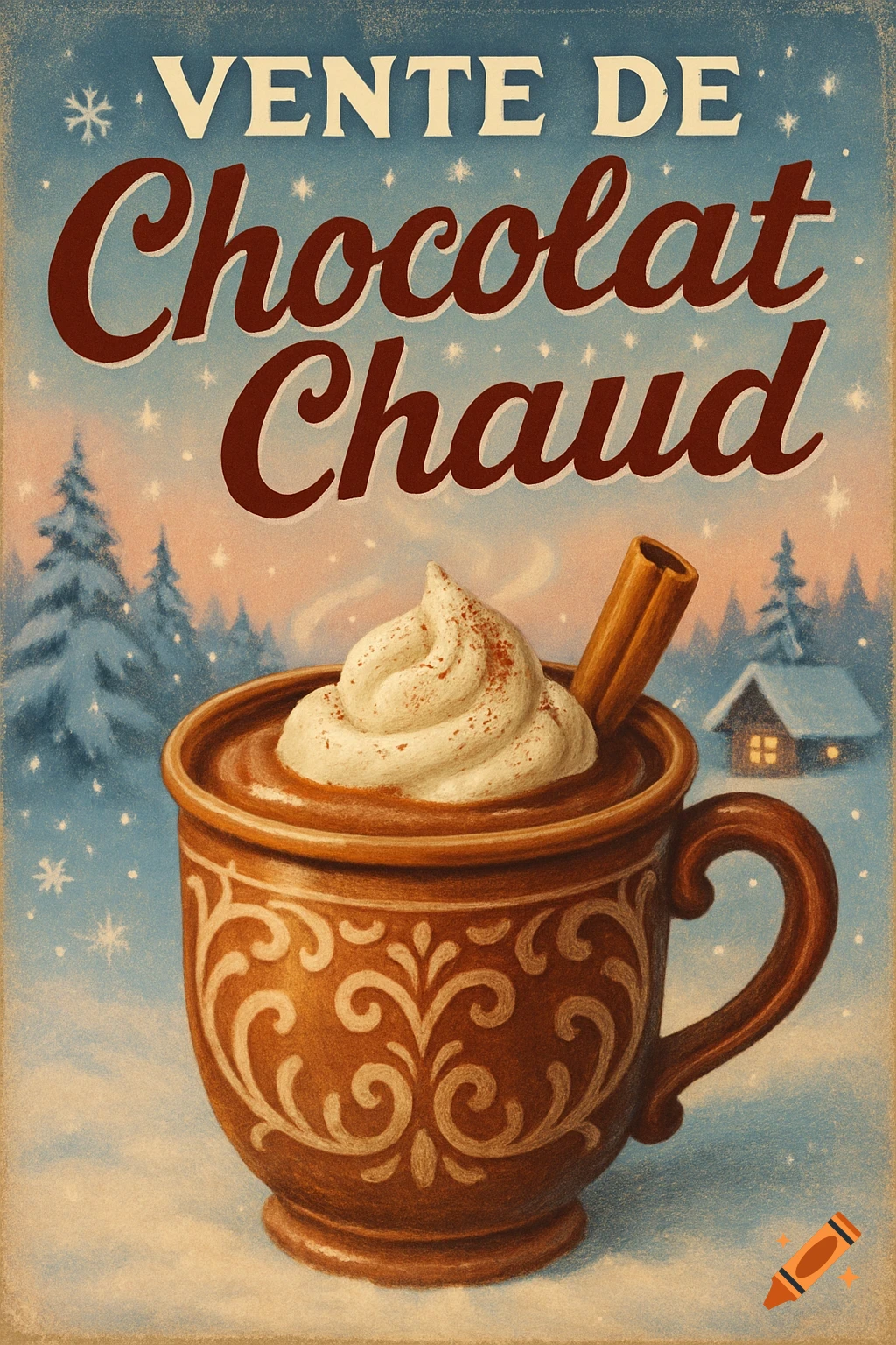 Vintage poster of a mug of hot chocolate with whipped cream and cinnamon stick in a snowy winter scene. Text: 'Vente de Chocolat Chaud'.