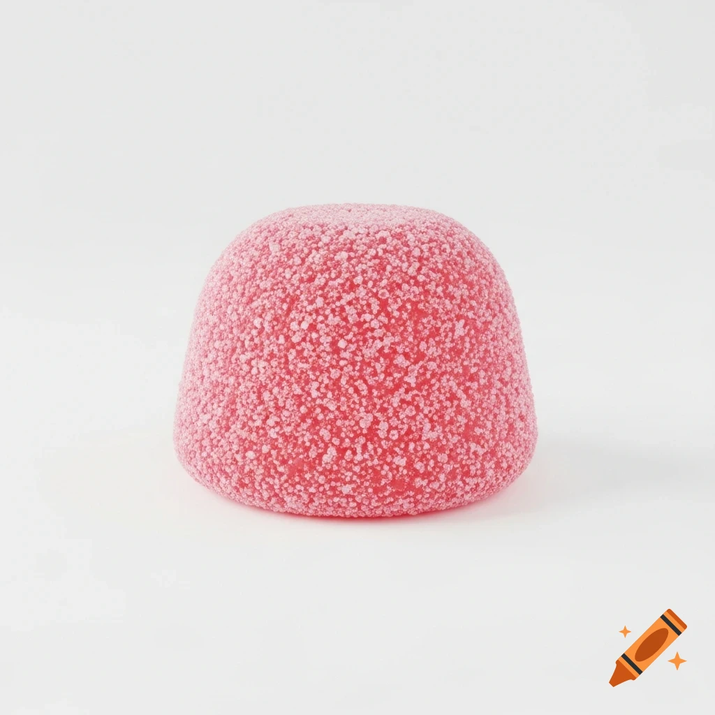 A single pink, sugar-coated strawberry-shaped gummy candy on a white background.