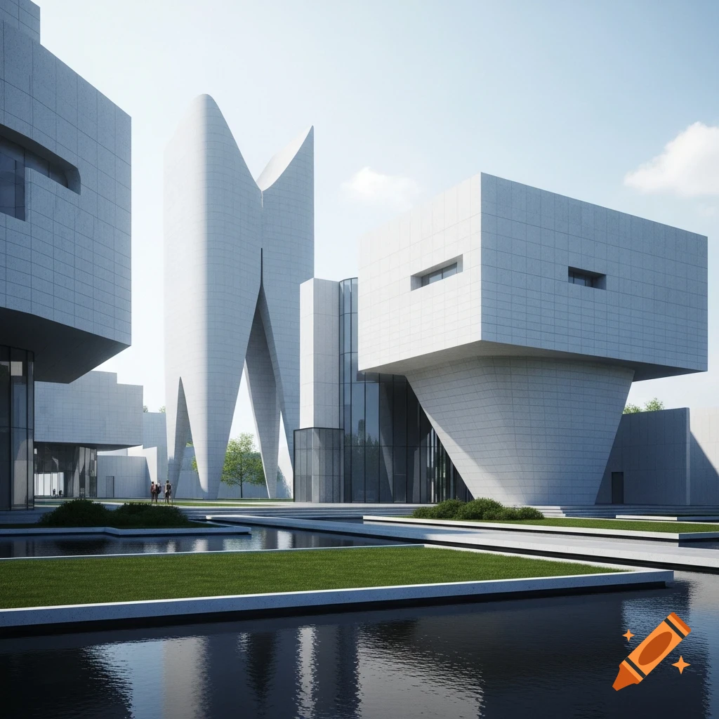 Modern minimalist architectural rendering of white, sculptural buildings around reflective pools and green grass under a clear sky.