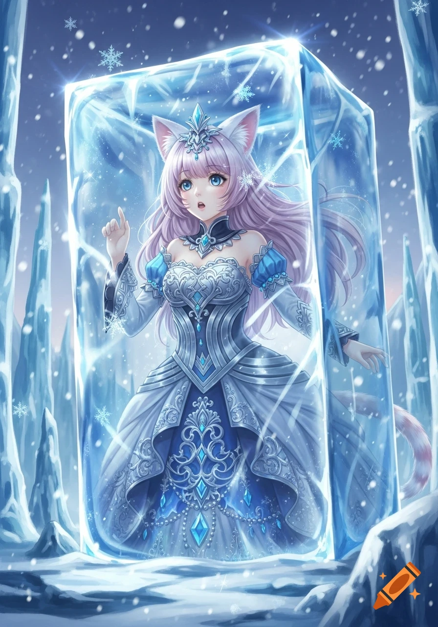 Anime catgirl with pink hair and blue eyes, wearing an ornate white and blue dress, frozen inside a large block of ice in a snowy landscape.