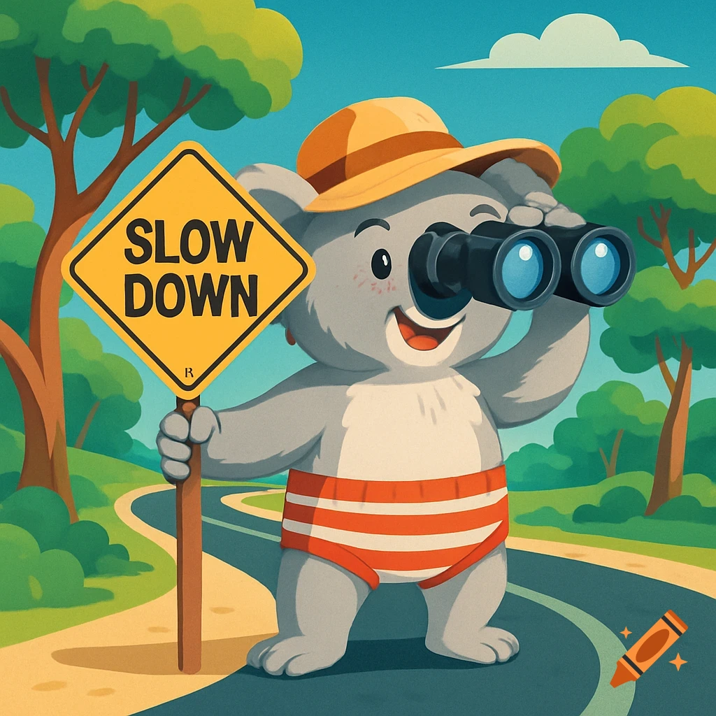 A cartoon koala wearing a hat and speedos, holding a "SLOW DOWN" sign and binoculars, standing on a winding road with trees.