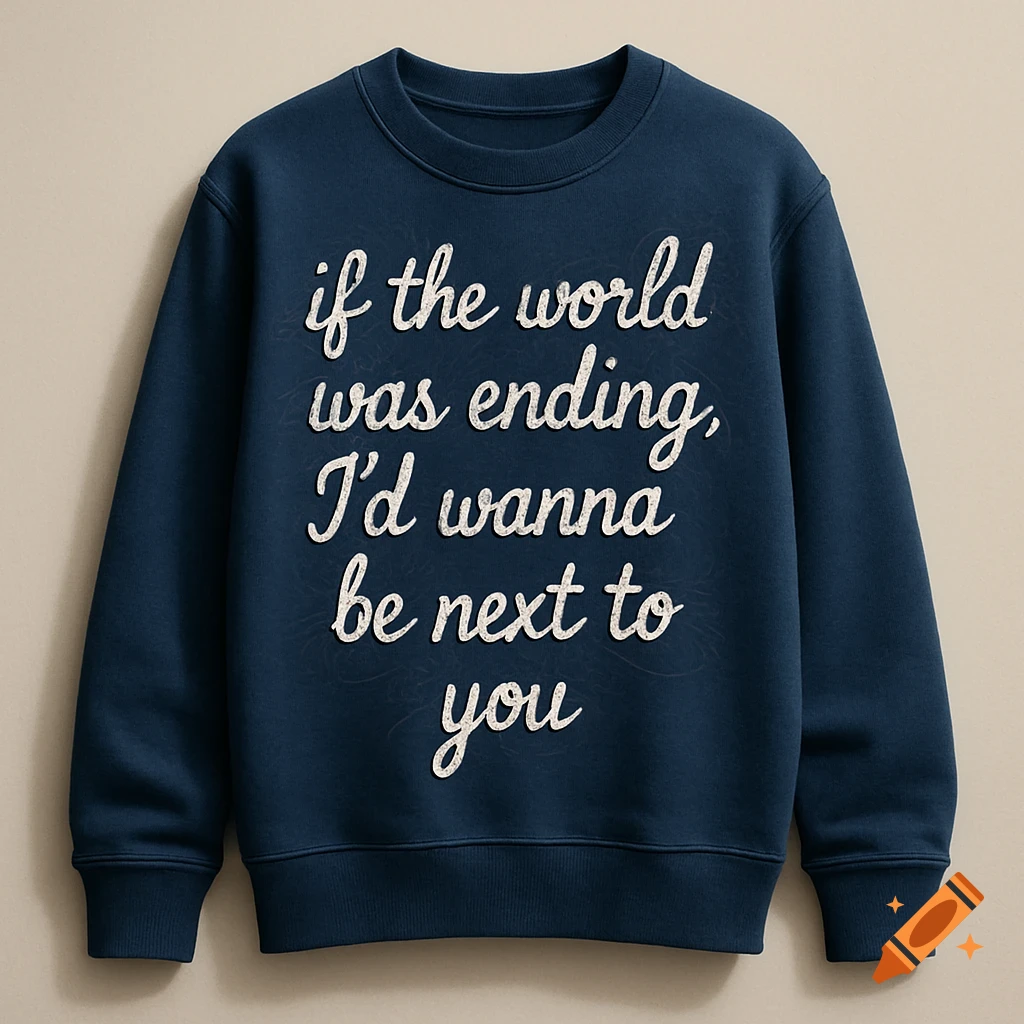 A navy blue crew neck sweatshirt featuring the white embroidered text 'if the world was ending, I'd wanna be next to you'.