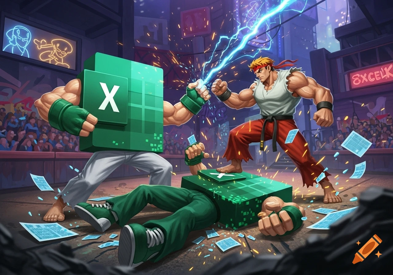 A muscular Excel logo fights a Street Fighter character with lightning, while a defeated Excel lies on the ground in a stylized arena.