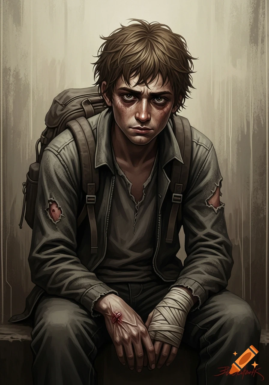 Digital art portrait of a tired, scruffy young man with a backpack, torn clothes, dark under eyes, a cut hand, and bandaged forearm, looking anxious.