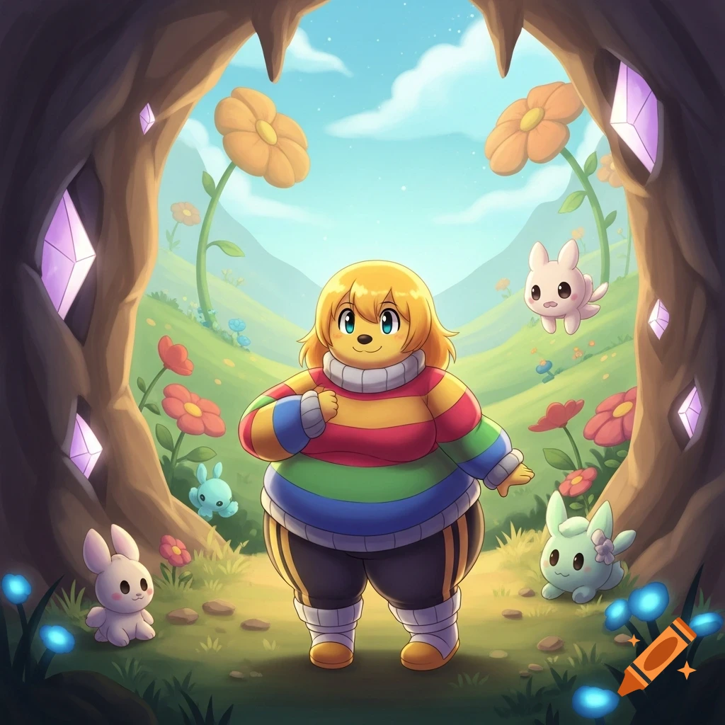 A chubby anime character in a rainbow sweater stands in a magical forest with flowers, glowing crystals, and cute bunnies.