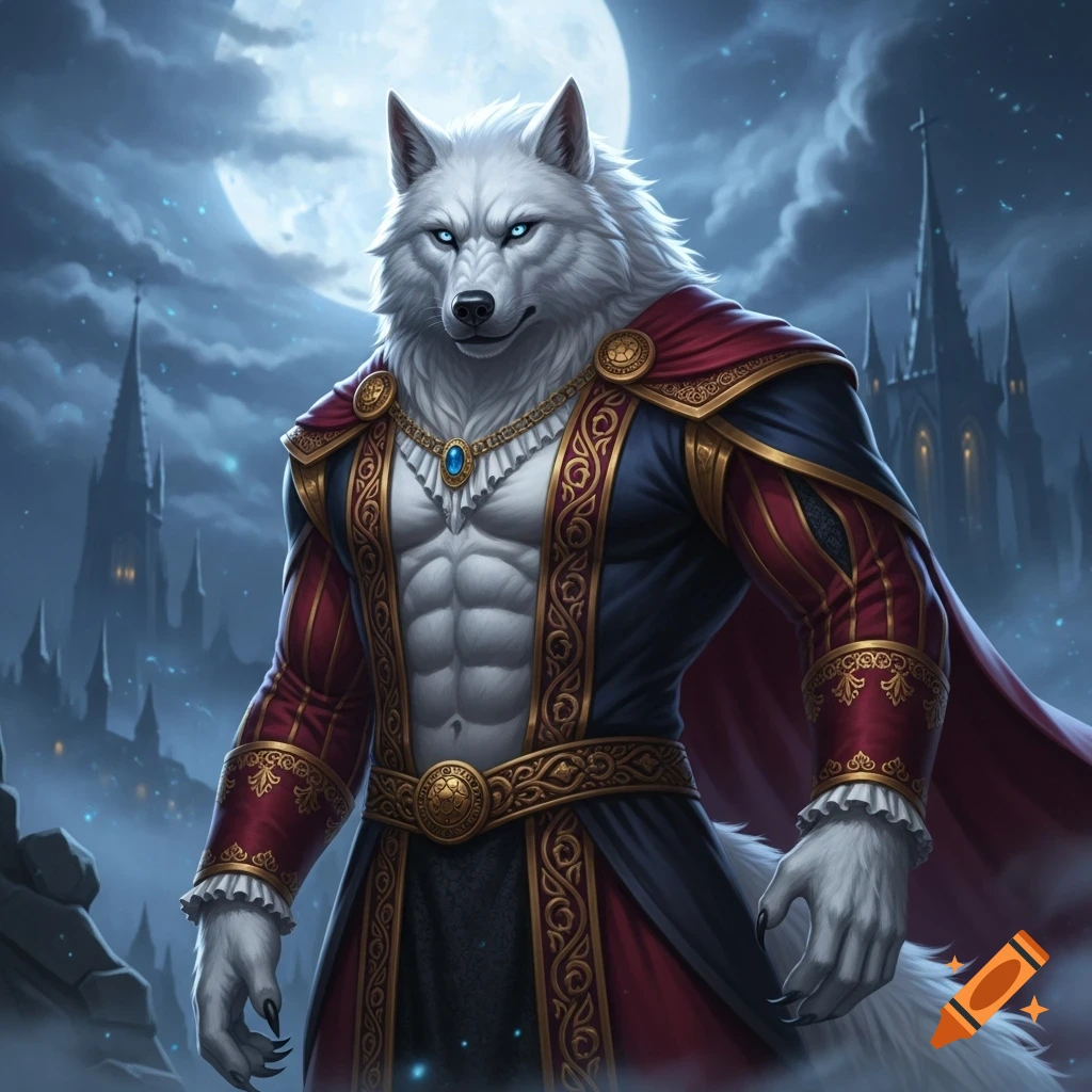 A muscular white werewolf in imperial attire stands under a full moon with a dark castle in the background, realistic art.