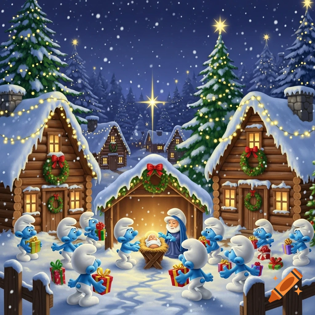 A snowy Christmas nativity scene with Papa Smurf and other Smurfs presenting gifts to baby Jesus in a manger, surrounded by cabins and trees.