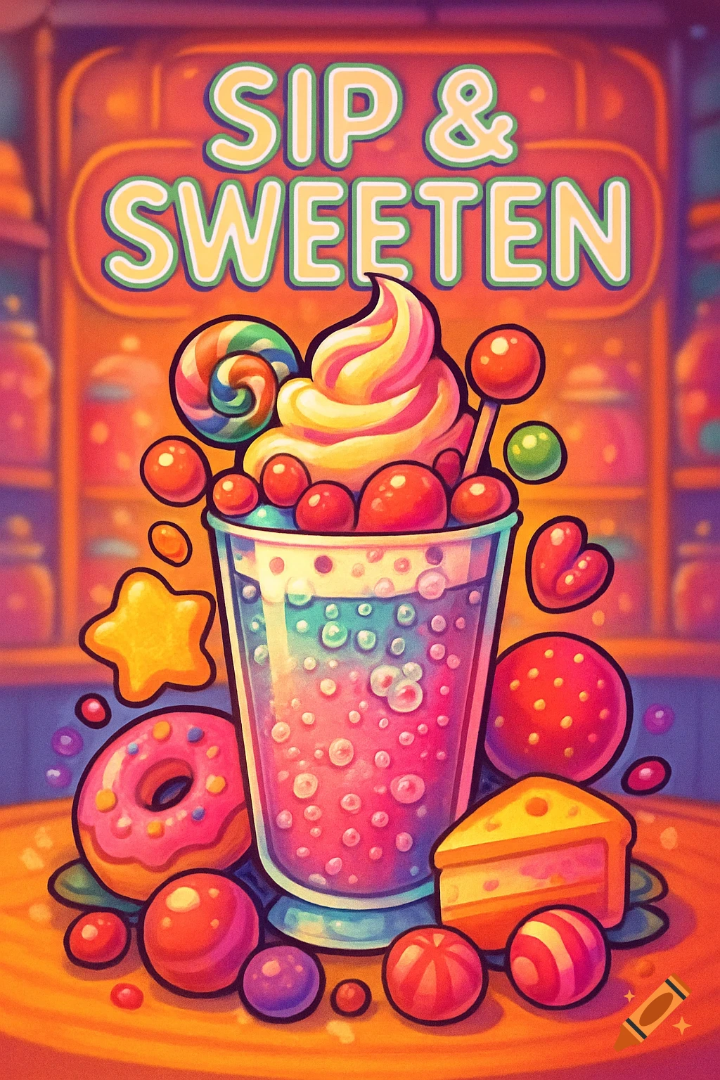 Vibrant cartoon-style flyer with 'SIP & SWEETEN' above a glass of bubbly drink, whipped cream, lollipop, candies, donut, and cheesecake slice.