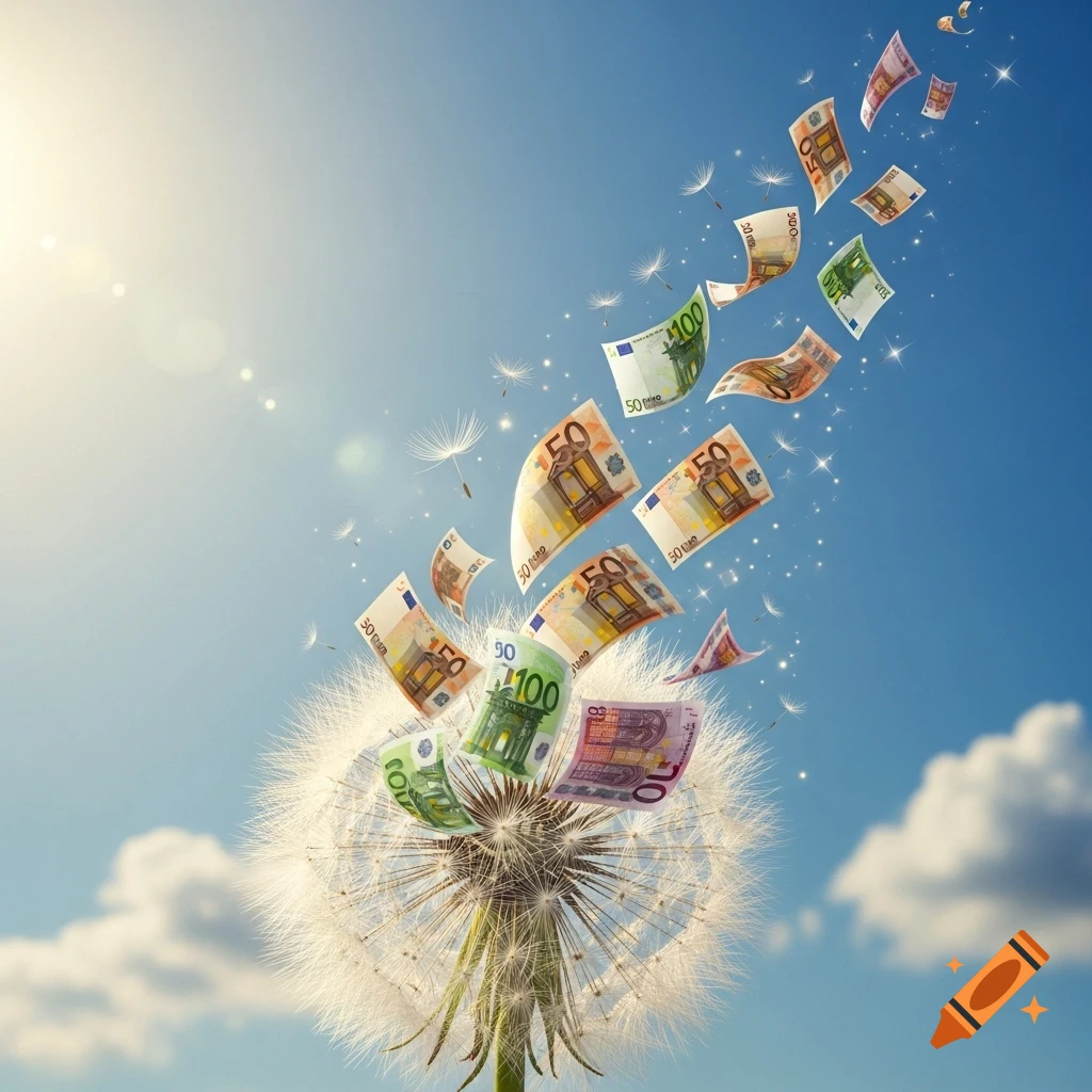 Euro banknotes flying out of a dandelion against a blue sky with clouds and sun, with a subtle magical sparkle effect.