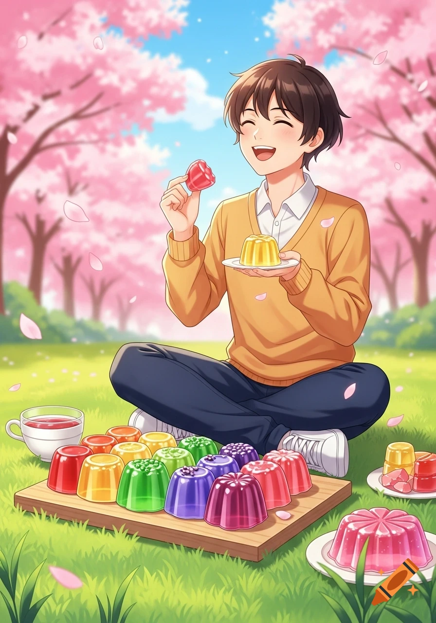 An anime boy happily eats colorful jelly while sitting in a vibrant cherry blossom park.