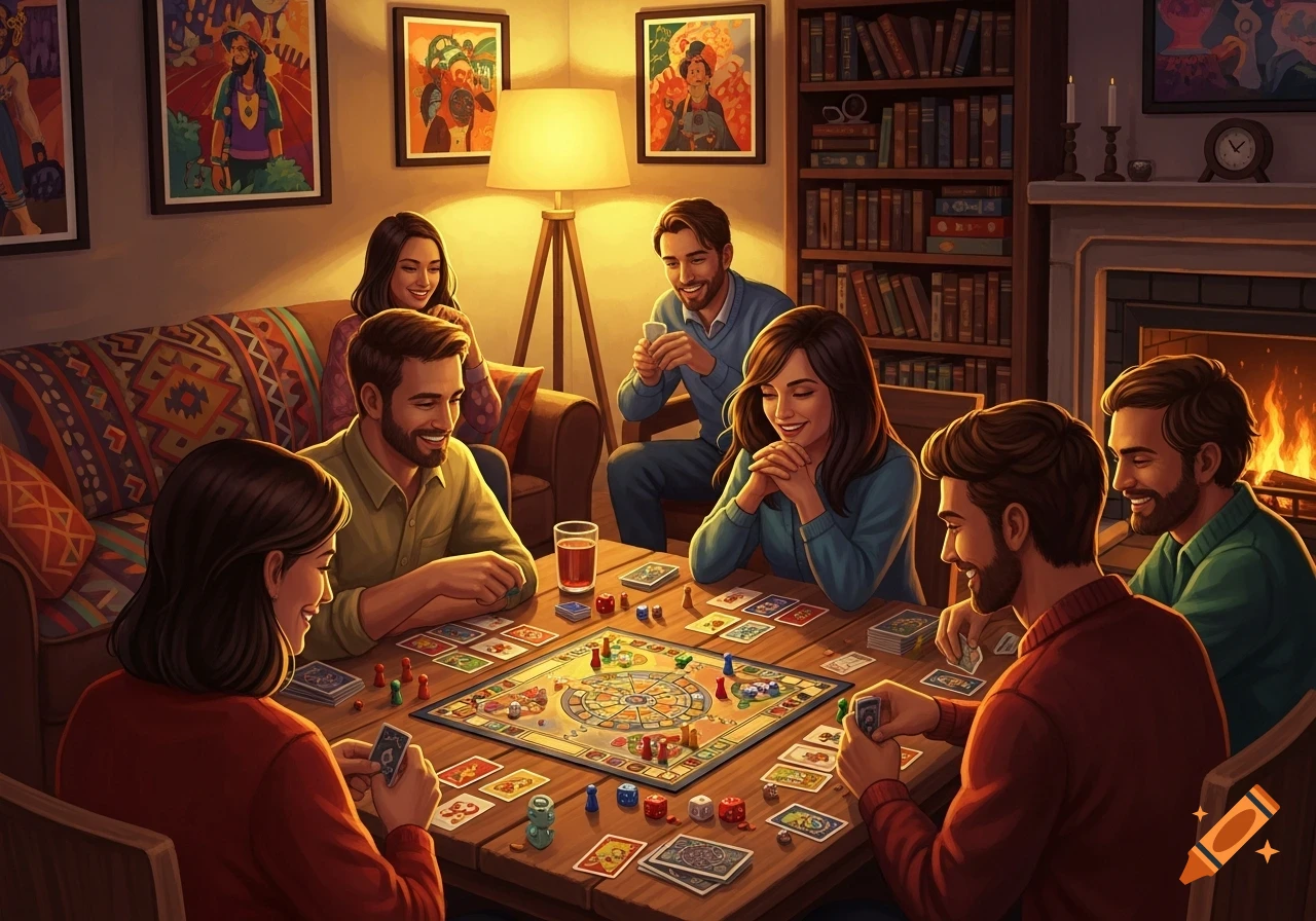 A cozy illustration of six friends gathered around a wooden table, playing a board game and cards in a warmly lit living room with a fireplace and bookshelves.