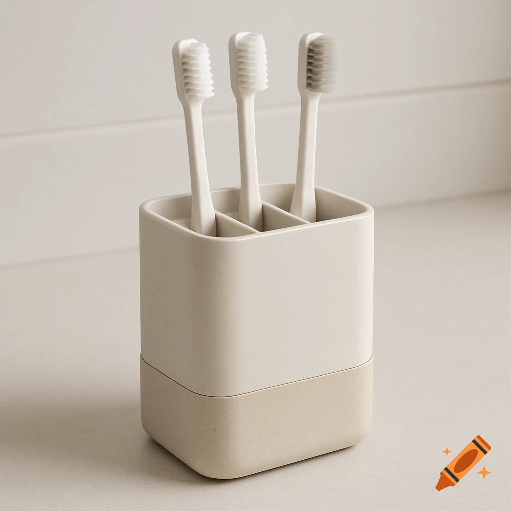 Three white toothbrushes in a two-toned beige and white holder on a light countertop.