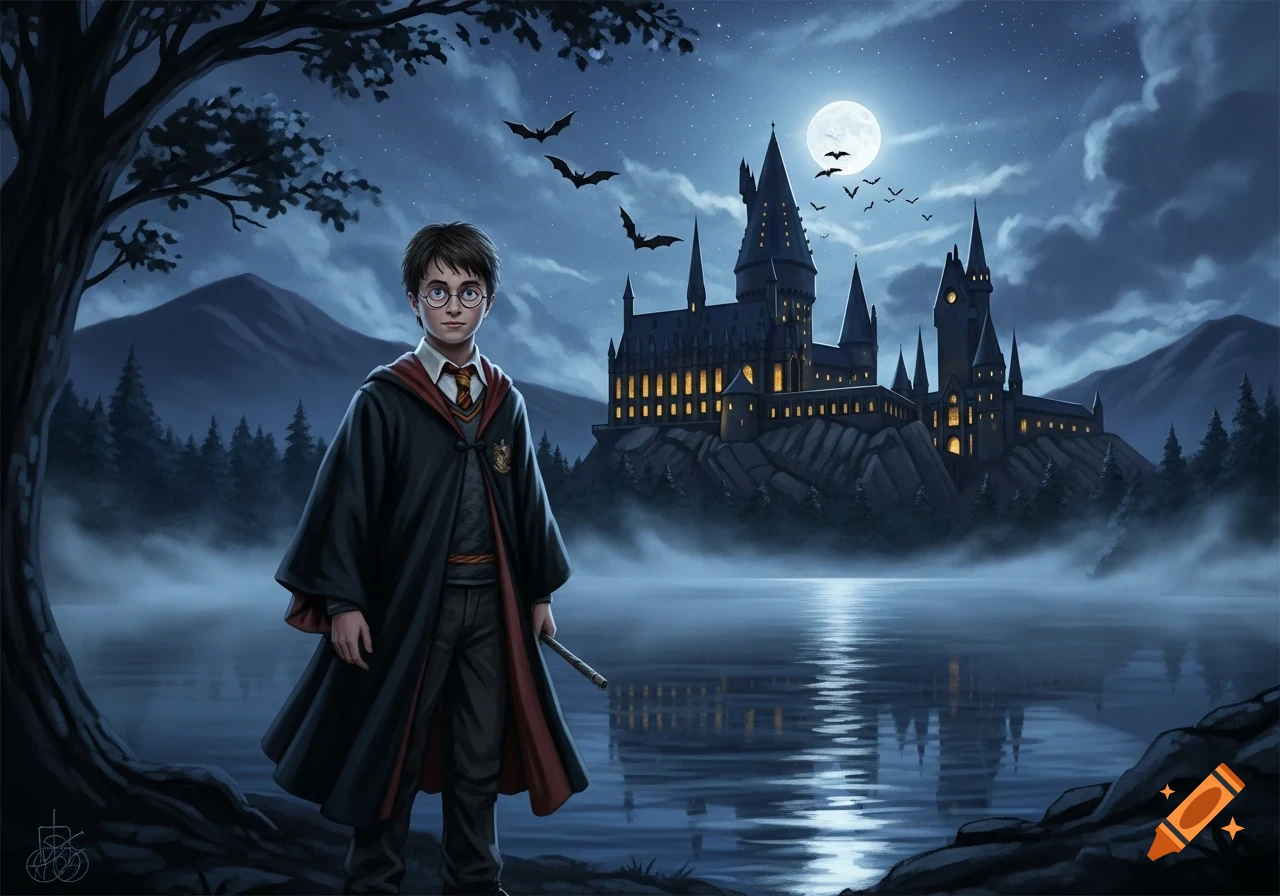 Illustration of Harry Potter by a misty lake with Hogwarts castle, a full moon, and flying bats at night.