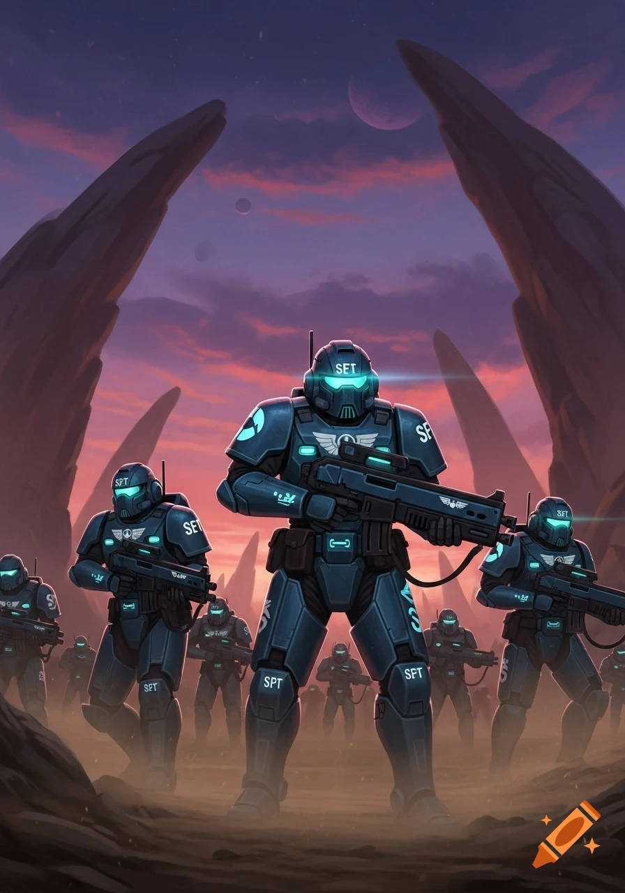 Armored futuristic soldiers in dark blue and cyan stand on a desolate, rocky planet with a purple-orange sky and distant moons.
