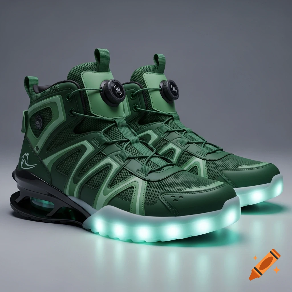 A pair of dark green high-top athletic shoes with lighter green details, black ankle dials, and glowing light green soles on a gray background.