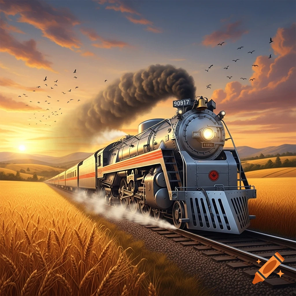 A classic steam train with black smoke travels through golden wheat fields at sunset, with birds flying in the orange sky.