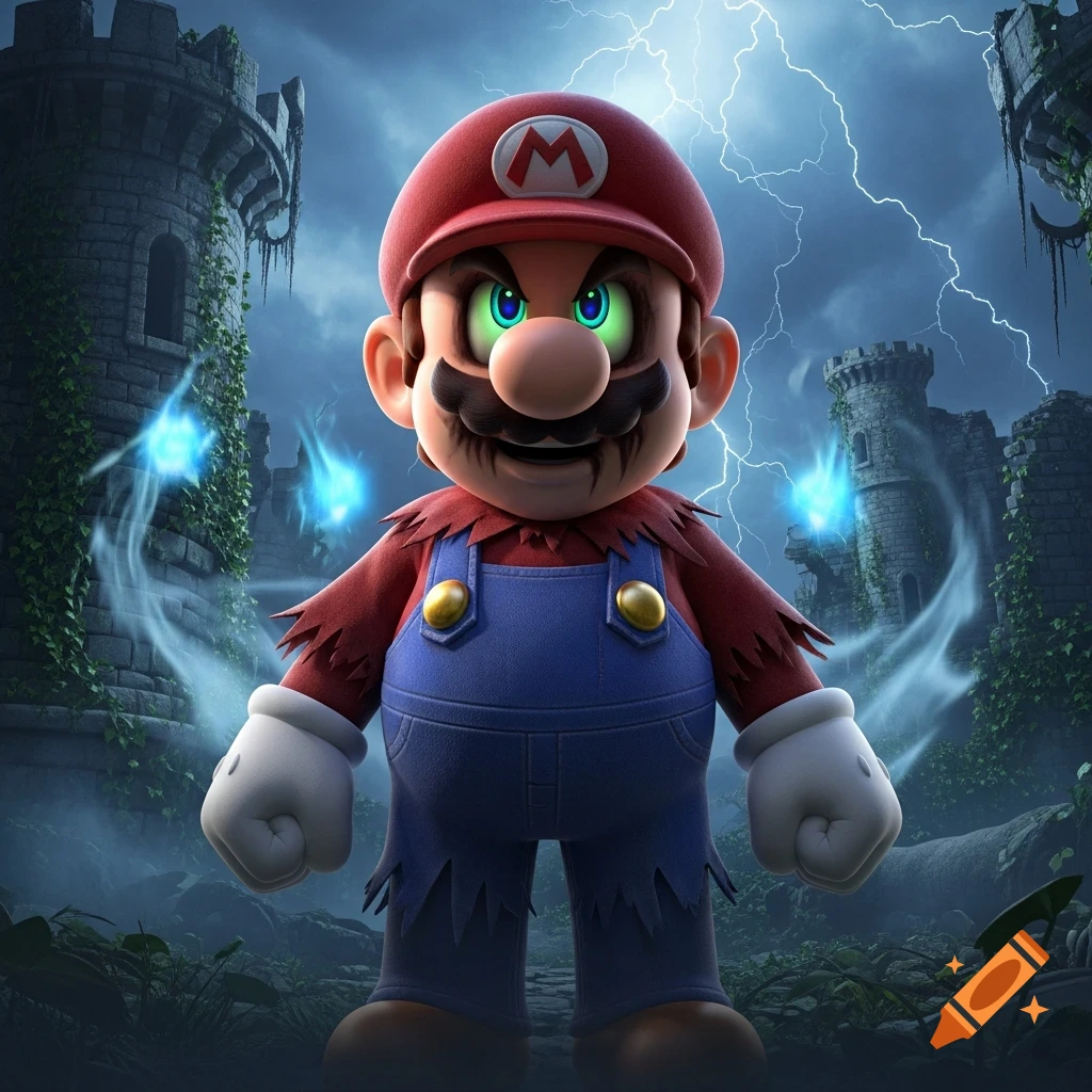 A menacing Mario with glowing green eyes and torn clothes stands amidst stormy castle ruins with lightning.