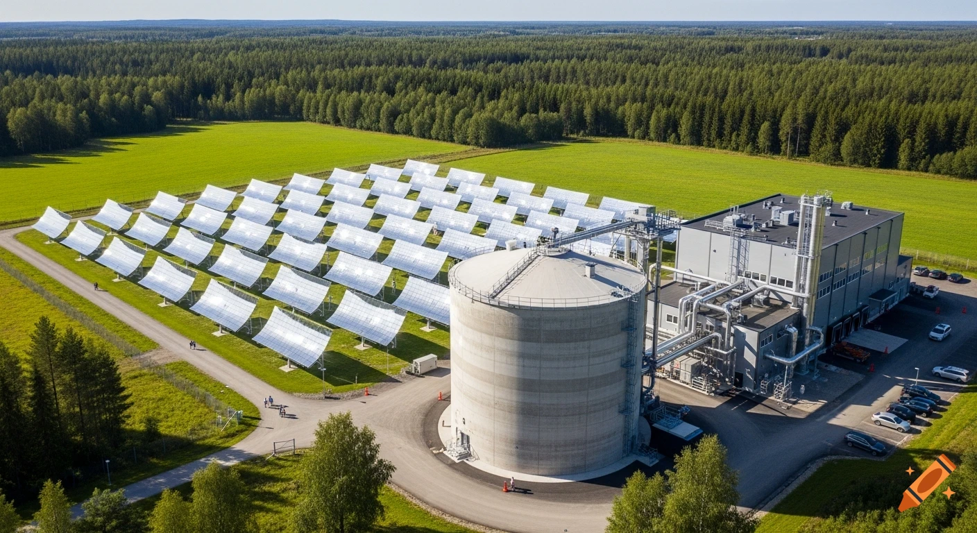 Aerial photorealistic view of a renewable energy facility with a field of parabolic solar concentrators, a large cylindrical concrete sand battery, and an industrial building, set in a green Nordic landscape with forests under a clear sky.