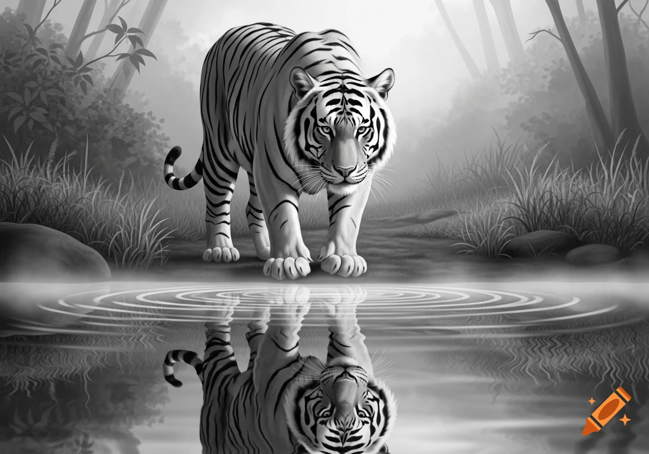 A black and white tiger walks towards the viewer through a misty forest, reflected in the still water with ripples.
