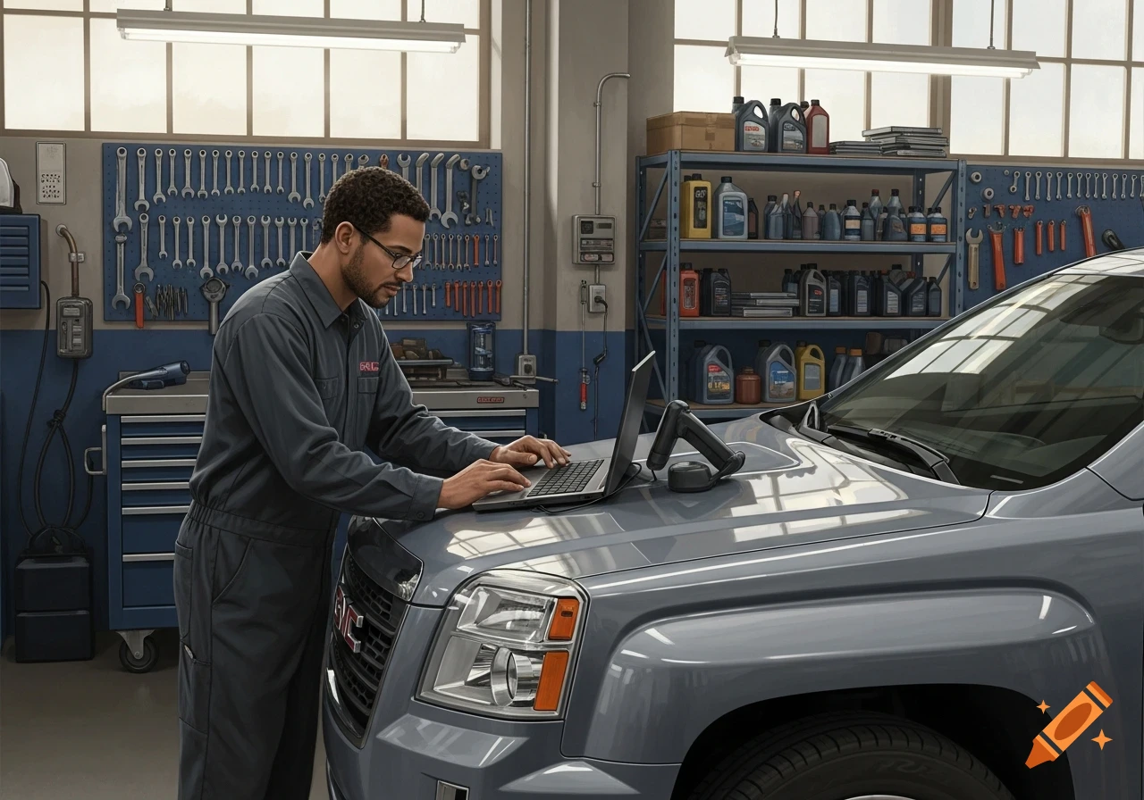 A man, a mechanic, works on a grey GMC Terrain SUV in a garage, typing on a laptop placed on the hood. Tools and oil bottles are on shelves in the background.