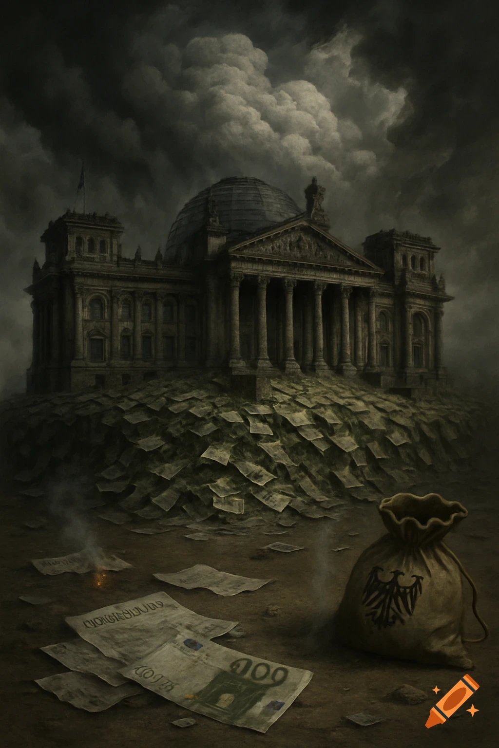 A dark, dramatic image of a crumbling Reichstag building on a mound of euro notes, with a money bag and burning papers in the foreground under stormy skies.