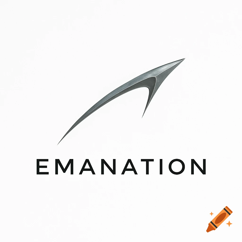 Minimalist logo featuring a metallic, upward-sweeping abstract design above the word 'EMANATION' on a white background.