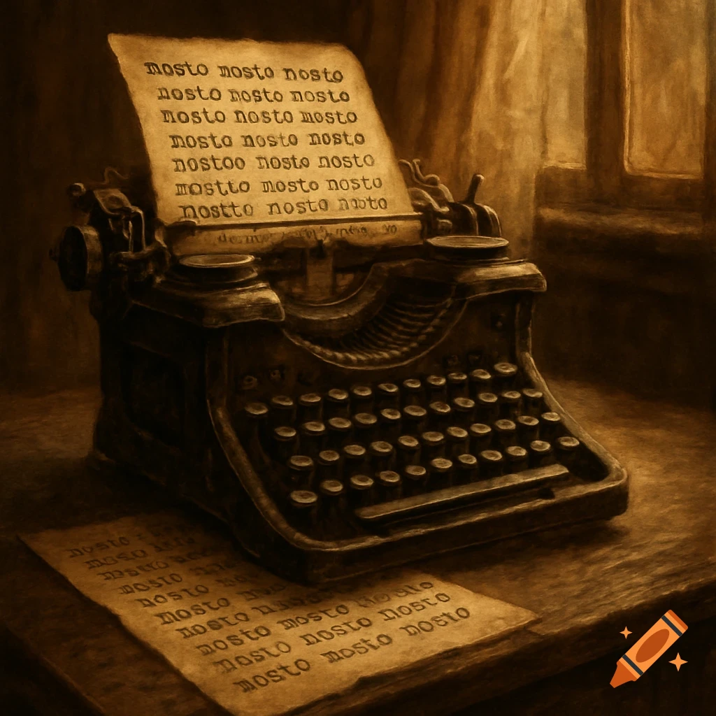 A vintage typewriter with a sheet of paper full of misspellings of the word "nosto" in a dimly lit room, with another paper on the desk. Dark academia aesthetic.