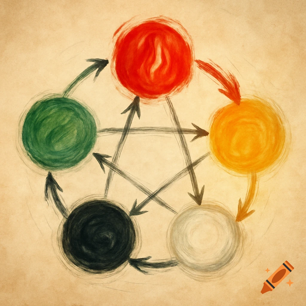 A hand-drawn diagram illustrating the Five Elements (Wuxing) cycle, with red, yellow, white, black, and green circles connected by arrows on a textured paper background.