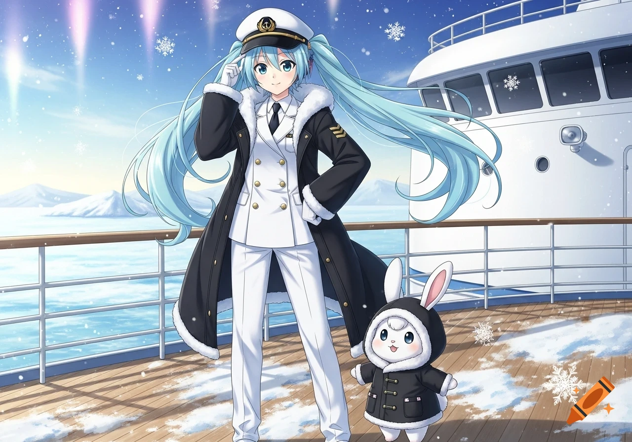 An anime girl with blue pigtails dressed as a ship captain in a white uniform and black fur coat stands with a white rabbit on a snowy cruise ship deck, with mountains in the distance.