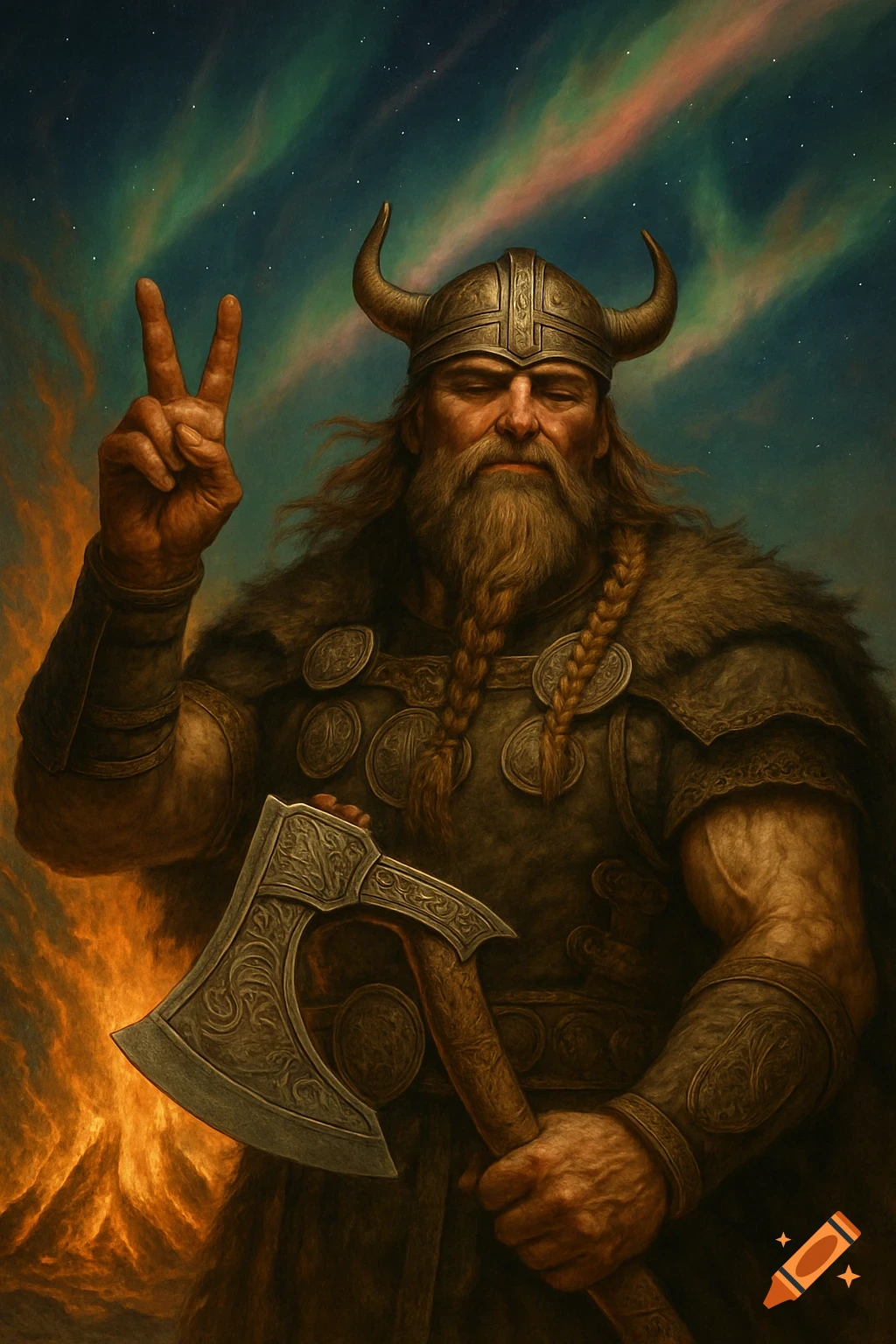 A detailed digital painting of a bearded Viking warrior in a horned helmet, making a peace sign and holding an ornate axe against a backdrop of fire and aurora borealis.